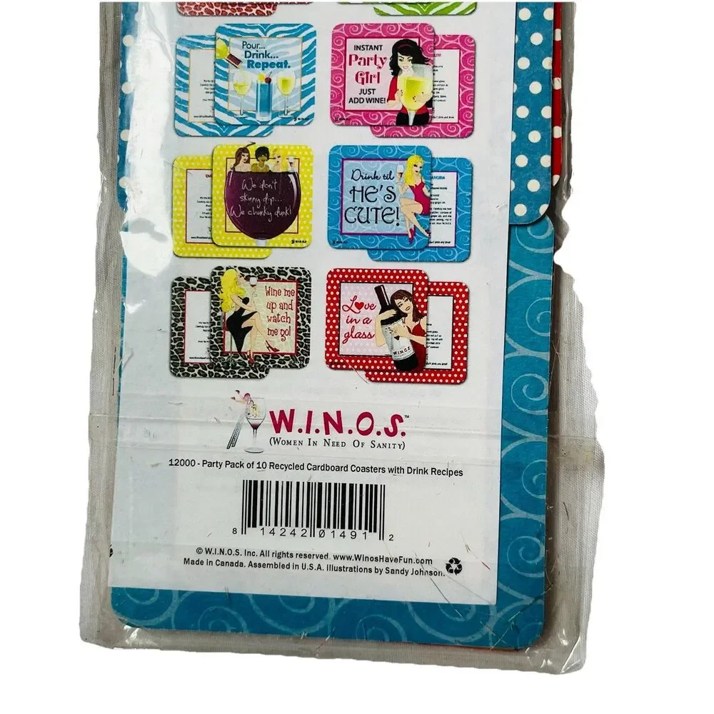 W.i.n.o.s. (Women in Need of Sanity) Party Pack 10 Coasters w/ Drink Recipes Fun